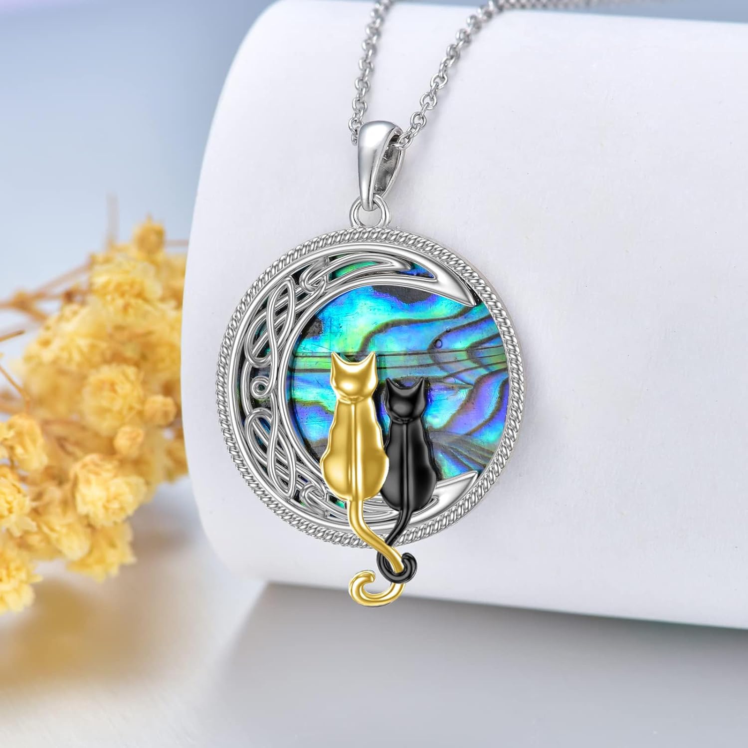 TOUPOP Cat Necklace Sterling Silver Abalone Shell Celtic Cat on the Moon with Abalone Shell Birthday Christmas Jewelry Gifts for Women - Image 4