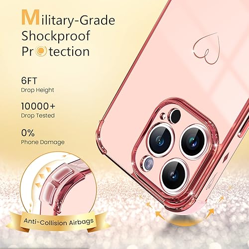 Miniatura 8 de ICREEFUN Funda para iPhone 14 Pro, bonita funda de lujo chapada en corazón para mujeres y niñas, protección completa de la cámara y esquinas