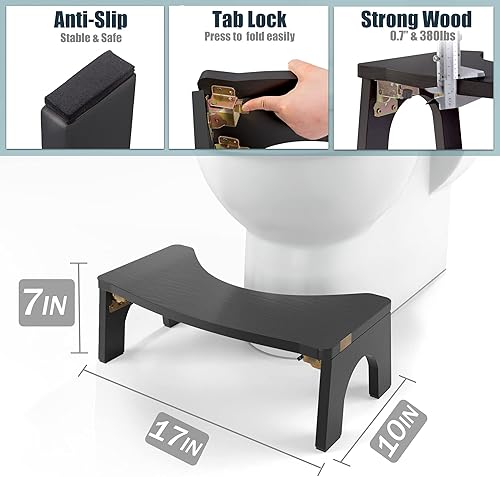 Miniatura 3 de Taburete de inodoro de madera, plegable para adultos, 7 pulgadas, extra resistente y ancho, taburete de madera con pies antideslizantes, 380 libras