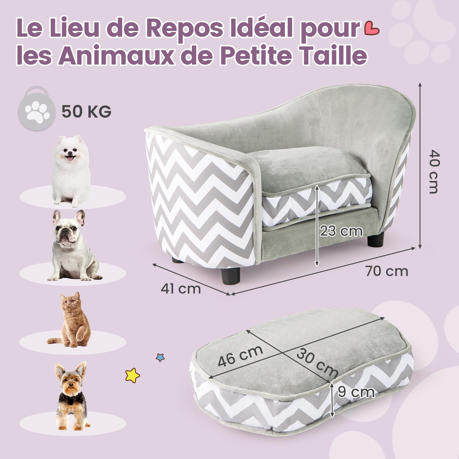 GYMAX Canapé pour Chiens 70 x 41 x 40 cm Coussin Épais Housse Amovible Charge 50 kg