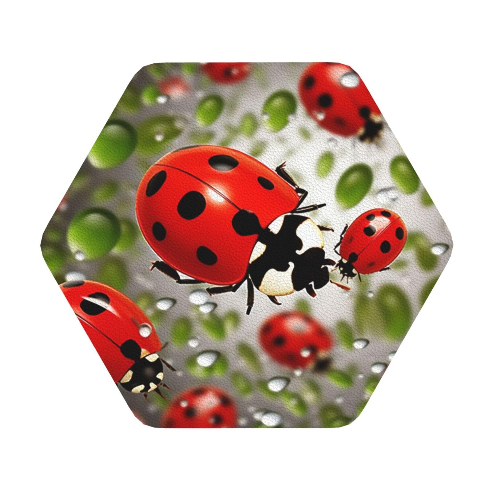 Fodpand Hexagon Ladybug Drink Coasters Set Of 4, Heat Resistant Leather Coasters Fuuny Bar Beer Beverage Coaster For Drinks, Absorbent Cup Mat For Tabletop Protection, Housewarming Gift