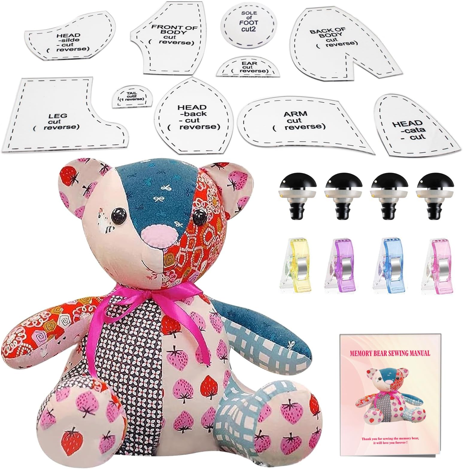 15in/Sitting Height 9in Fosdonge Acrylic Memory Bear Template Ruler Set with Detailed Instructions, Sewing Patterns for Beginners, Teddy Bear Quilting templates (Sitting Height 9in)