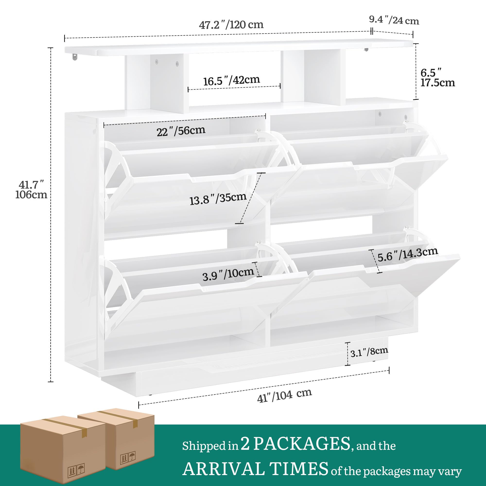 YITAHOME Schuhschrank Schmal Hochglanz mit 4 Klappen, 120 x 24 x 106 cm für 16-24 Paar, Schuhschrank Weiss, Schuhkipper, Schuhkommode im Flur, unterschiedliche Fachhöhen (37/43 cm), Platzsparend