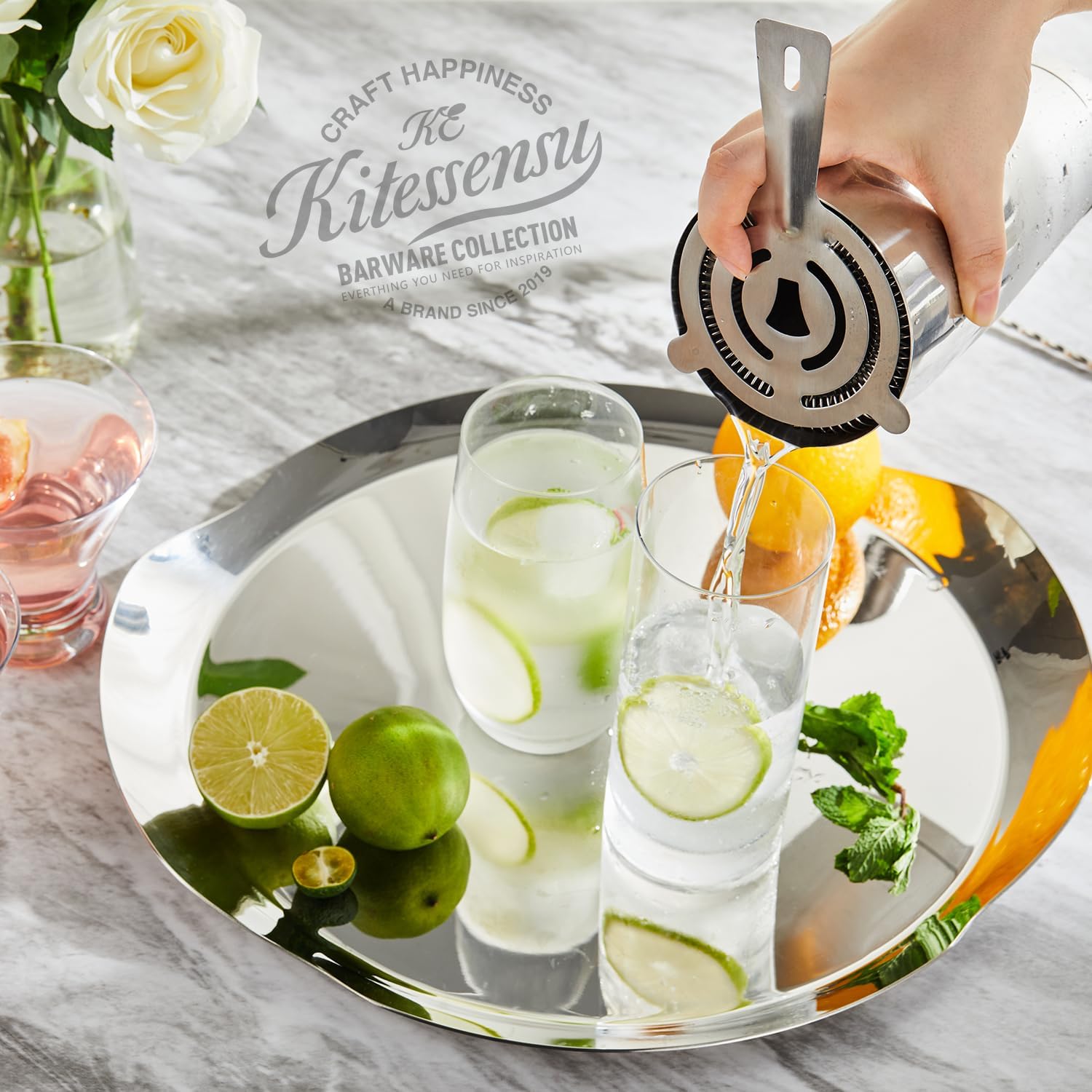 Boston - Juego de coctelera profesional de 8 piezas con mezclador de bebidas Martini de acero inoxidable, coladores Hawthorne, doble jiggers, herramientas de barra aptas para lavavajillas 8