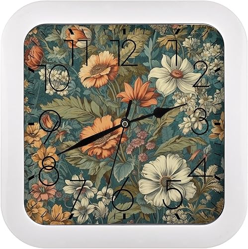Miniatura 1 de 10" Square Modern Wall Clock,Nostalgic Flower Pattern Print Kitchen Clocks Wall Battery Operated,Silent Non Ticking Unique Funny Cute Wall Clock for