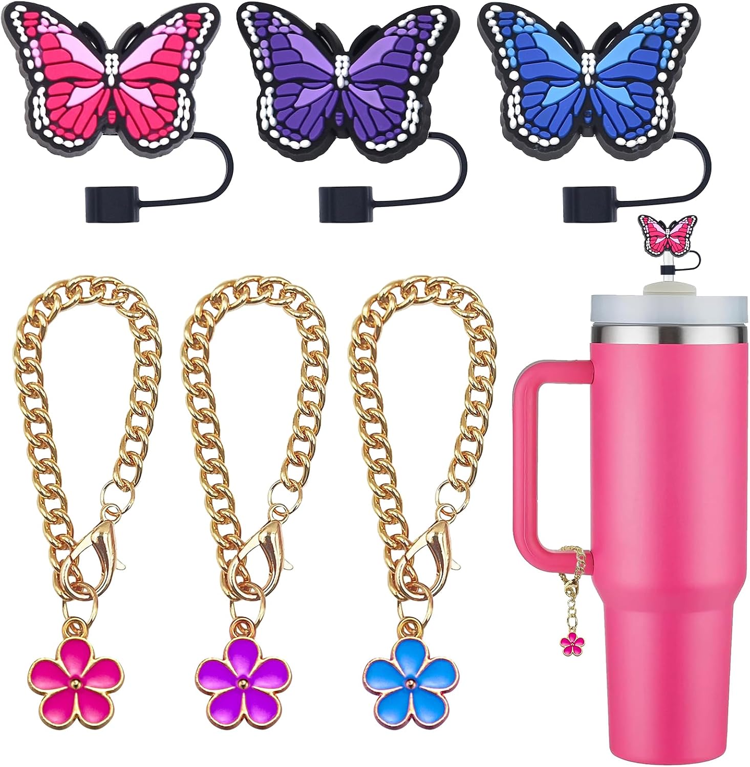 Butterfly Straw Cover Cap, Compatible with Stanley Cup Accessories, Butterfly Straw Topper 10mm for Stanley 30&40 Oz Cups (3 Caps + 3 Chains)