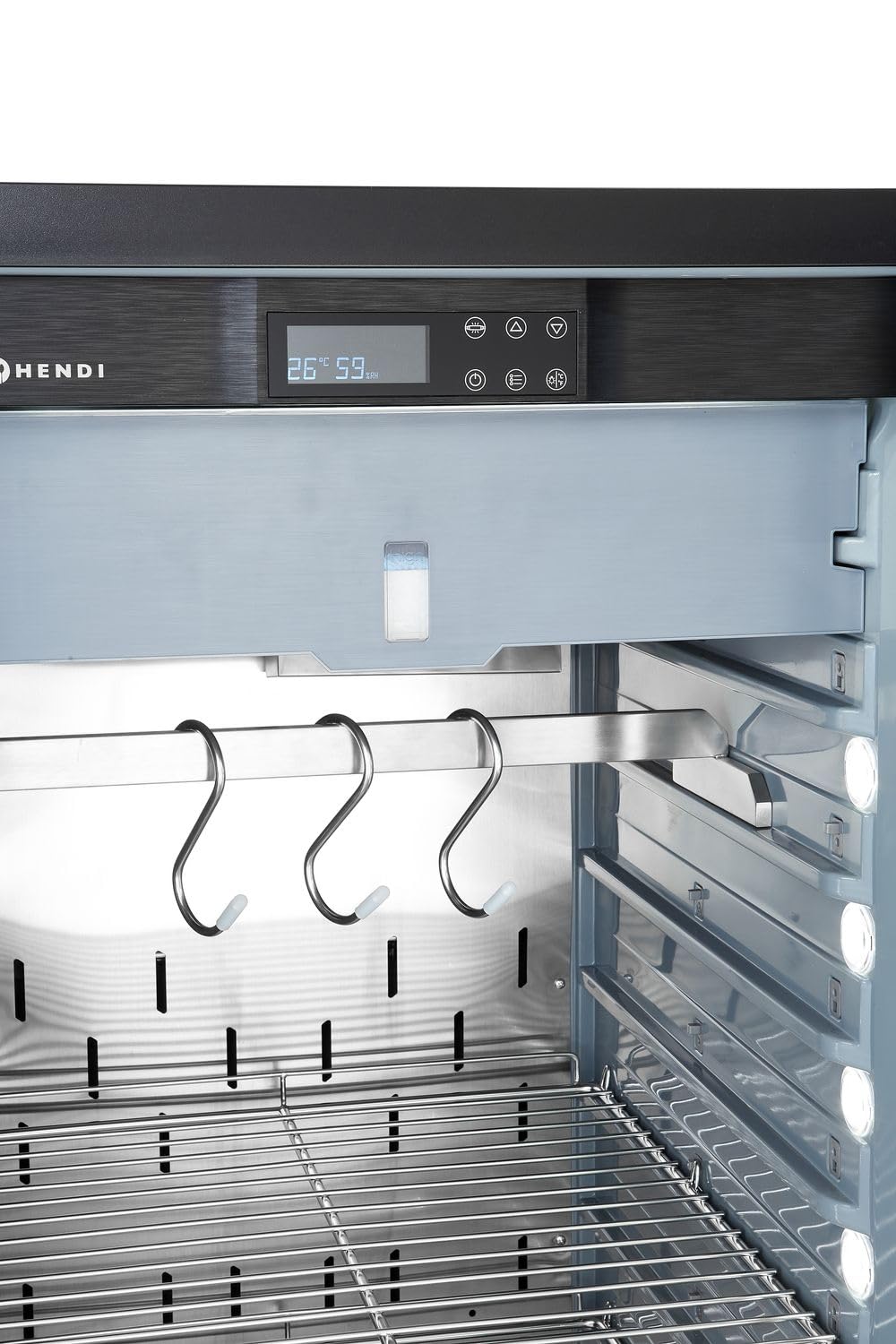 HENDI Armadio frollatura carne, vetrina cabina camera frigo per la frollatura a secco della carne, 233L, 220-240V, 170W, 595x760x(H)1270mm, vetro temprato, acciaio inox 18/10