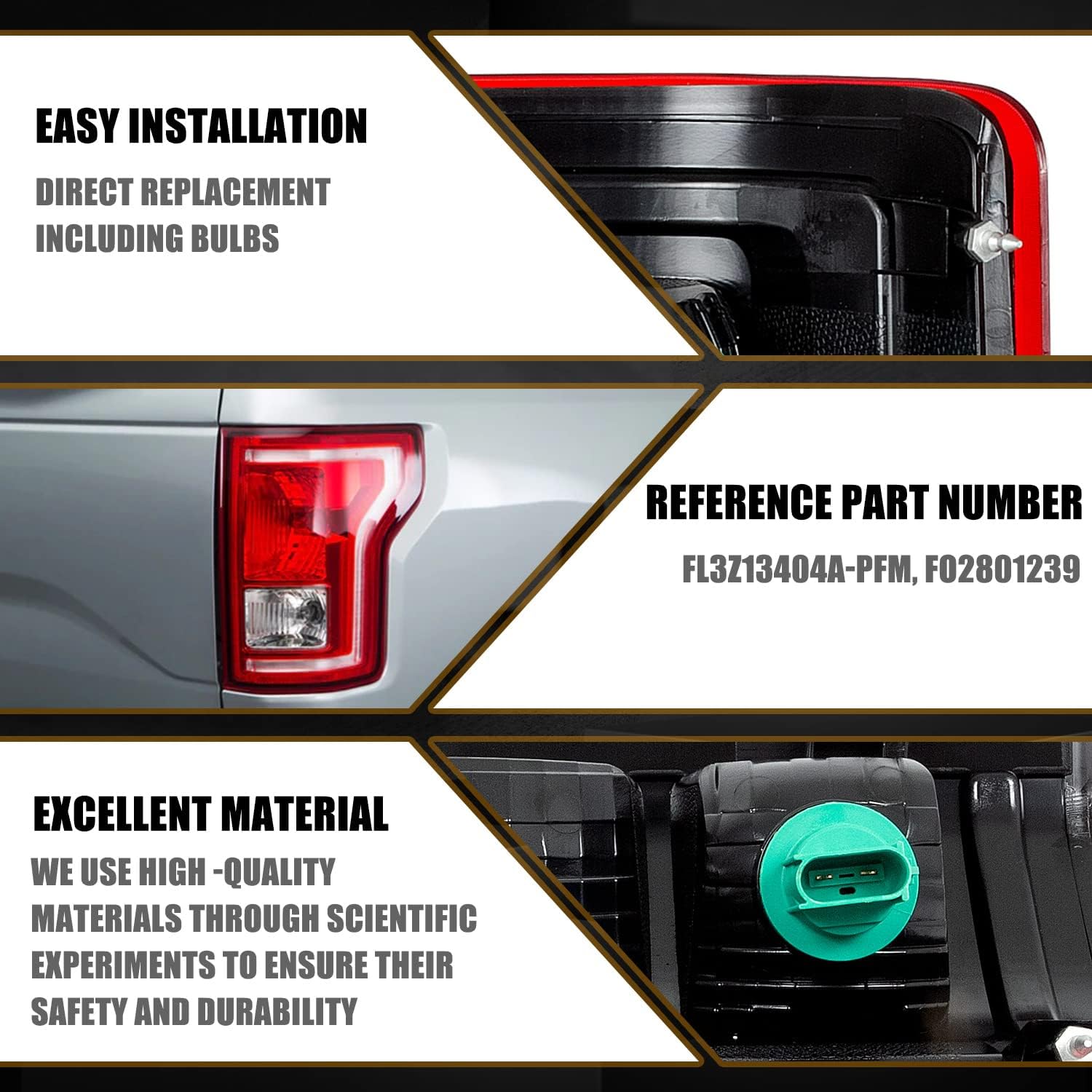 RANSOTO F150 Tail Light Compatible With Ford F-150 2015 2016 2017 Right Passenger Side Rear Brake Lights Tail Lamps With Bulbs Repalce FL3Z13404A, FO2801239