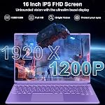 NOTODD Gaming Laptop 16" Win 11 Laptop Computer, 12GB LPDDR4 RAM 512GB SSD, Celeron N5095 Up to 2.9GHz, 2K 1920×1200 Display, Cooling Fan, Expandable Storage, PC for Gaming,Business, Study - Purple