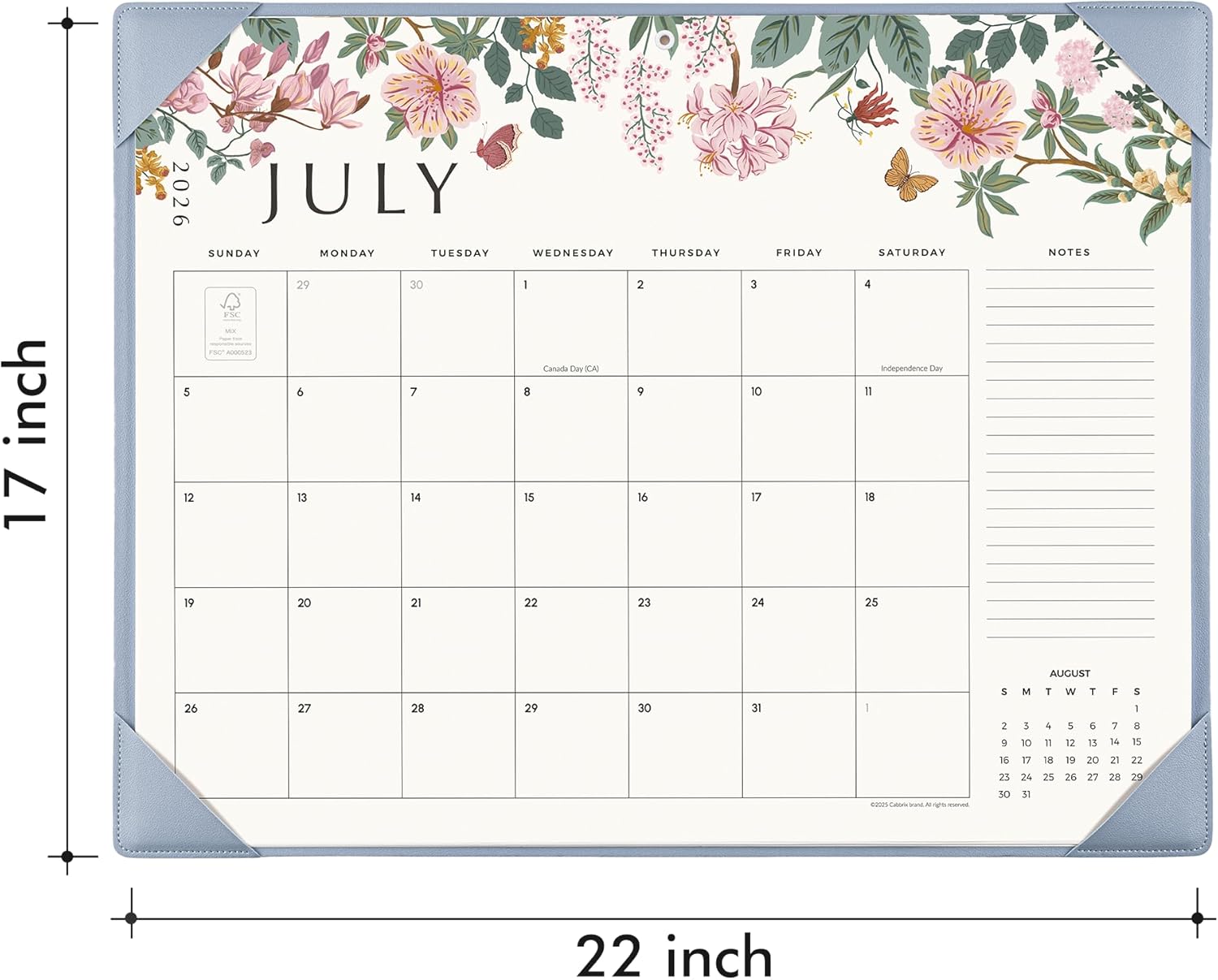 Cabbrix Desk Calendar 2026 with Desktop Mat, Large Desk Pad Calendar 22 x 17 Inch Runs From July 2026 to December 2027, Floral Design Calendar 2026 for Home School and Office (Blue)