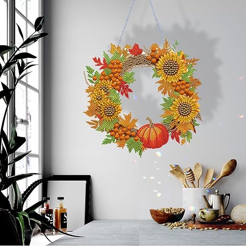 Miniatura 8 de AZURAOKEY Kit de arte de diamantes de calabaza de otoño, corona colgante de corona de girasol con forma especial, kit de arte de diamantes de granja