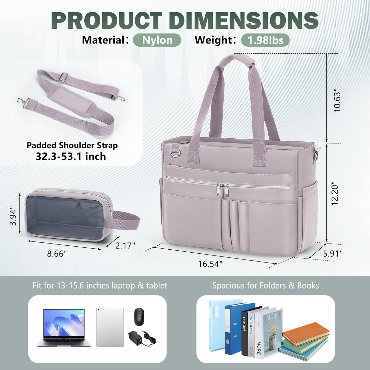 RAINSMORE Teacher Tote Bag for Women 15.6 Inch Laptop Briefcase with Clutch Bag, Nurse Bags Professional Work Handbag for Office College Nursing, Large Utility Tote Messenger Shoulder Bag, Grey Pink - Image 5