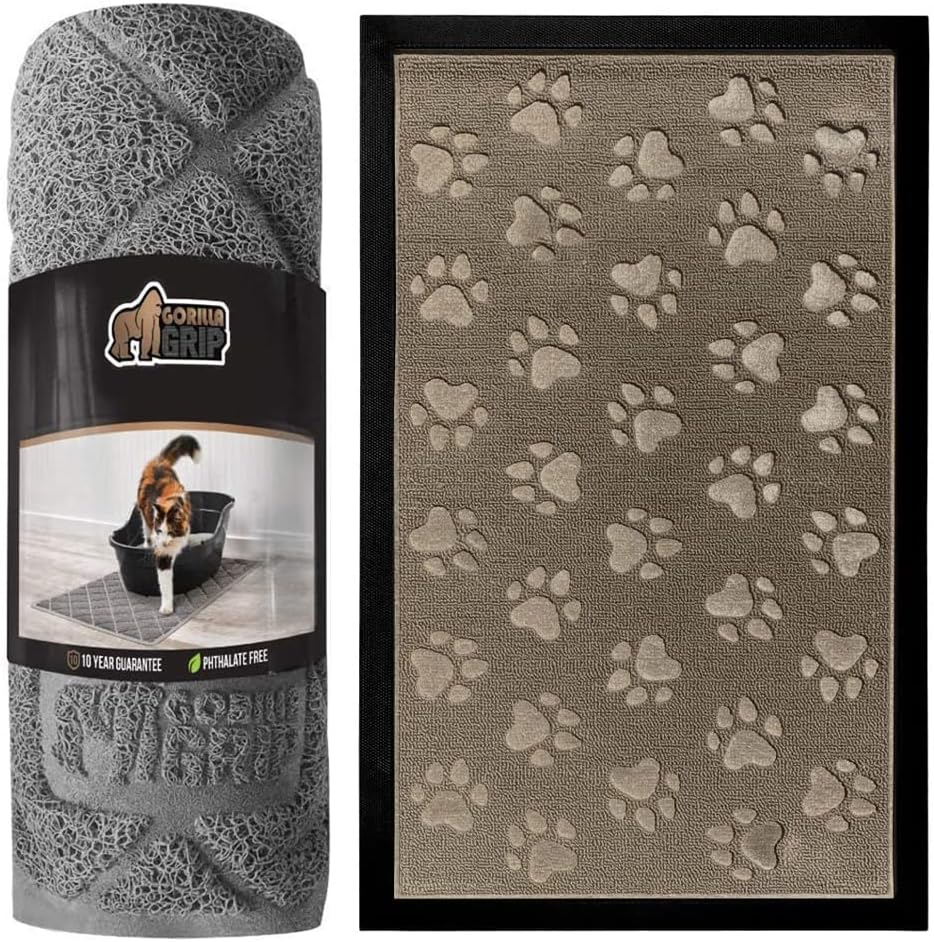 Gorilla Grip Cat Mat and Rubber Doormat, Cat Mat is 24x17 in Gray Color, Rubber Doormat is 17x29 in Tan Pawprints Color, 2 Item Bundle