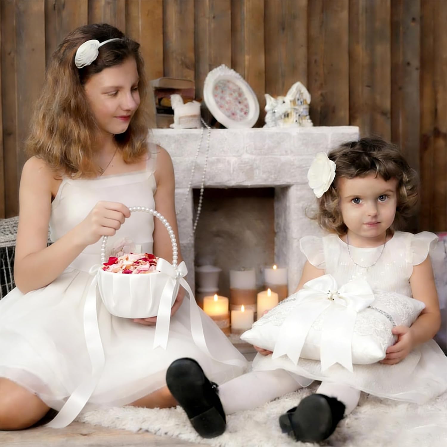 2 Flower Girl Baskets and Ring Bearer Pillows Set, Pearl Handle White Satin Bowknot Flower Baskets, Wedding Ring Pillow,Ivory Wedding Baskets for Flower Girls Wedding Decor