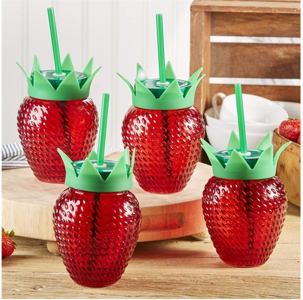 Two's Company Strawberry Drinking Glasses with Lids and Straws, Set of 4