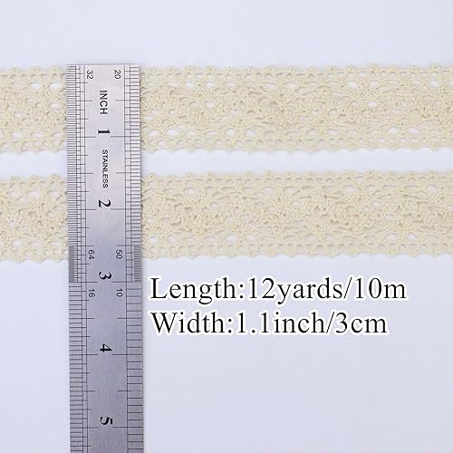 Miniatura 3 de Cinta de encaje beige de 12 yardas de algodón para costura, encaje de ganchillo para manualidades, envoltura de paquetes de regalo, decoración de
