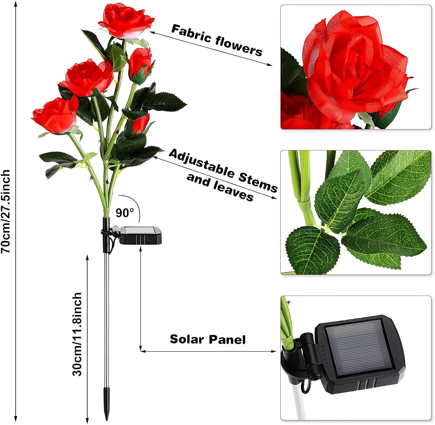 4 Pack Outdoor Solar Flower Lights with 20 Waterproof Realistic Solar Powered Rose Flowers Waterproof Decorative Lights for Garden Outside Patio Yard Lawn Pathway Backyard Decor(Red)
