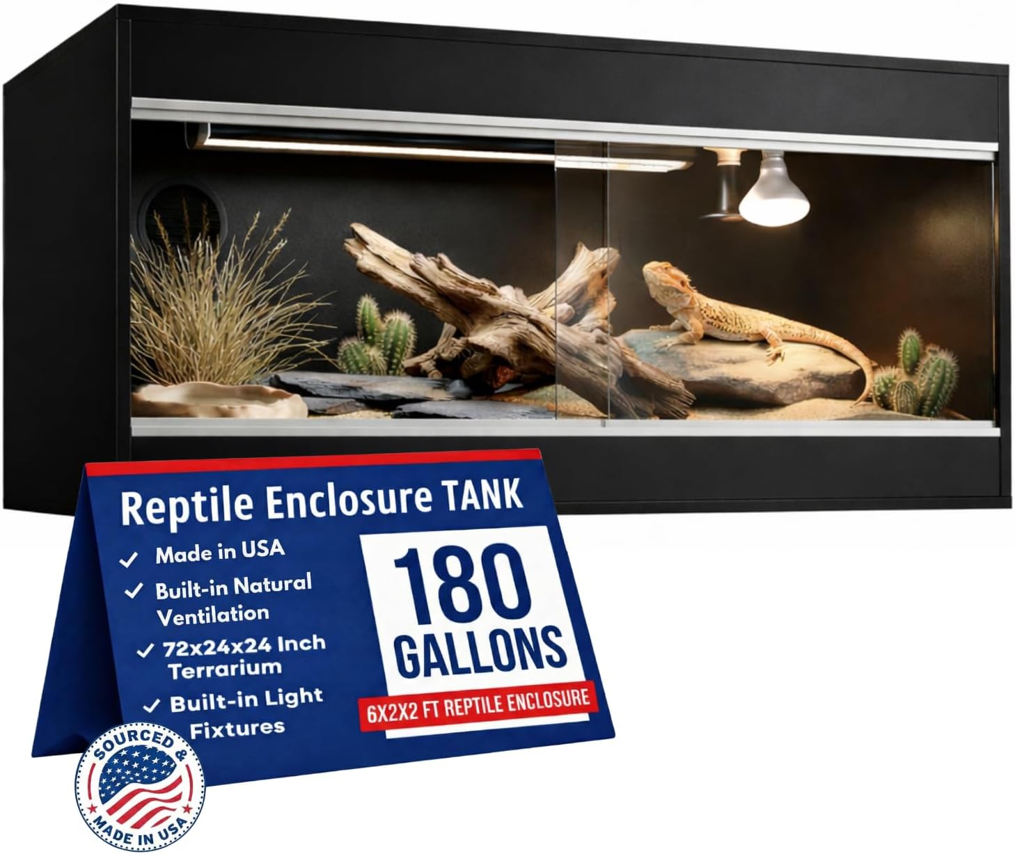 180 Gallon Reptile Enclosure, Made in USA 72" x 24" x 24" Bearded Dragon Tank with Sliding Glass Doors, Large Terrarium for Geckos, Snakes, Lizards & Tortoises - California Walnut