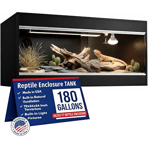 180 Gallon Reptile Enclosure, Made in USA 72" x 24" x 24" Bearded Dragon Tank with Sliding Glass Doors, Large Terrarium for Leopard Geckos, Snakes, Lizards & Tortoises - Black