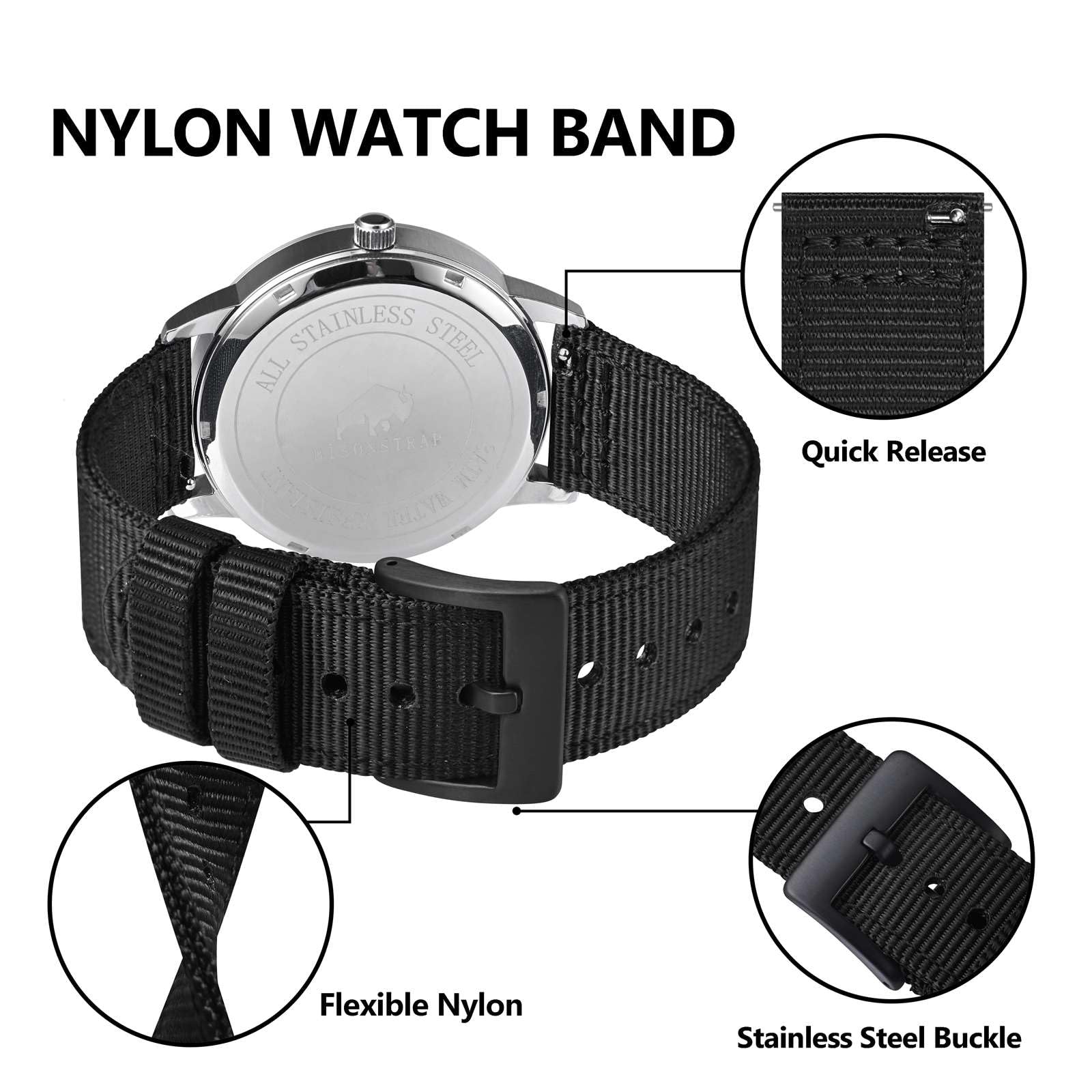 BISONSTRAP Cinturini in Nylon da Uomo, Cinturino per Orologi Militari, Sgancio Rapido, Fibbia Spazzolata, Larghezza Cinturino 18mm 19mm 20mm 22mm