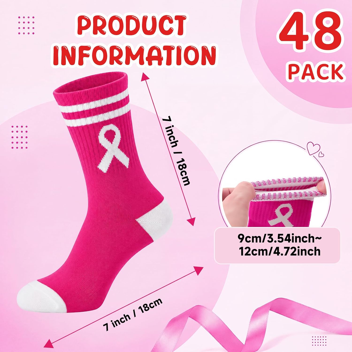 Glitopper 48 Pairs Breast Cancer Awareness Socks Bulk Soft Rose Pink Ribbon Crew Football Socks for Women Survivor Gifts image 3