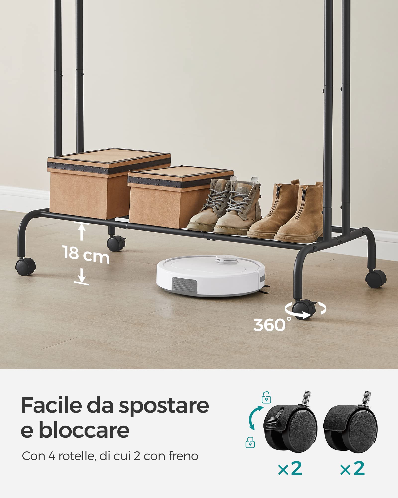 SONGMICS Stand Appendiabiti Doppio, Attaccapanni con Ruote, Struttura in Acciaio, Portata fino a 100 kg, Larghezza di 103,5 cm, Multifunzione, Nero HSR107B01