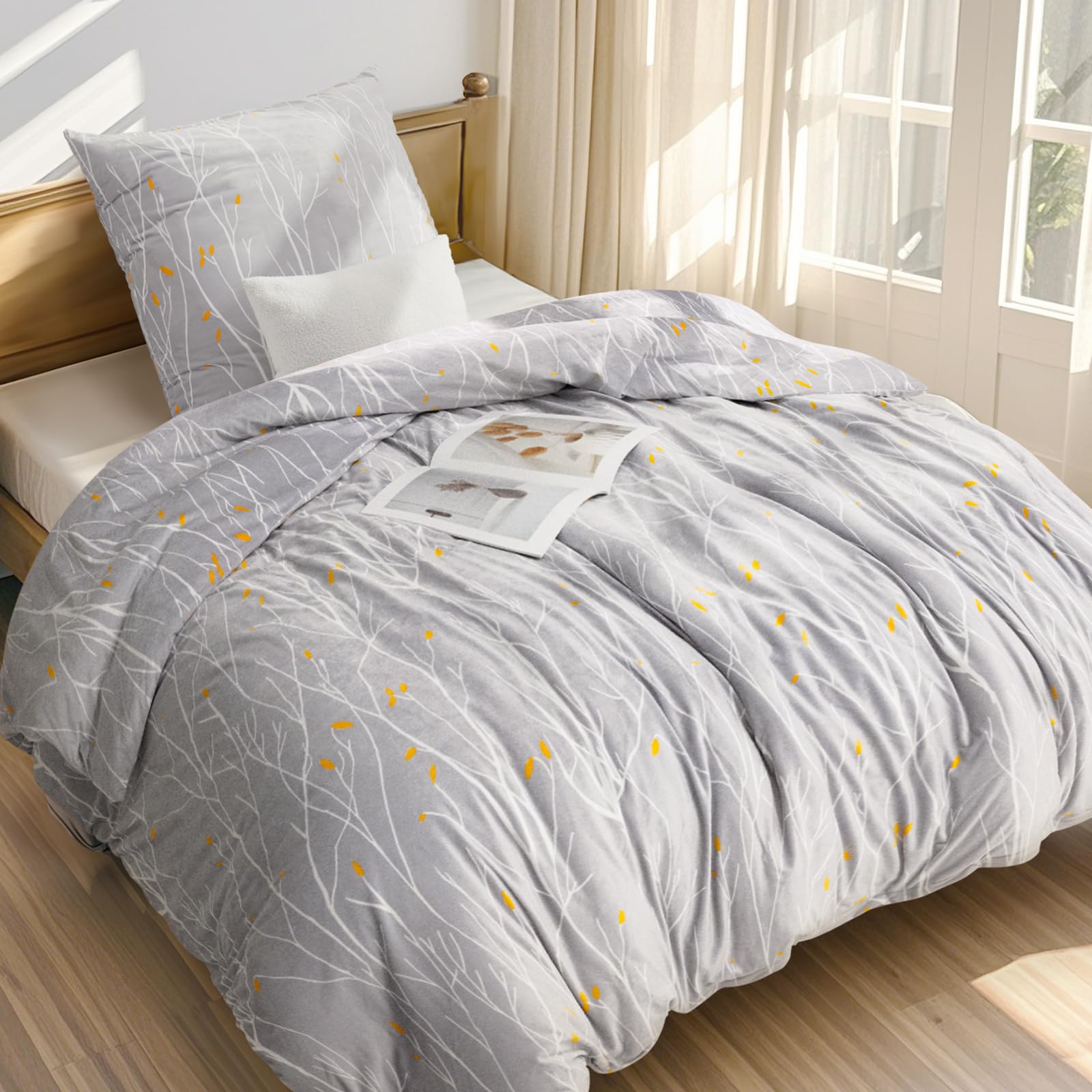PanxHome Set Copripiumino in Velluto Cristallo 135x200 cm, Design Rami Grigi, Caldo e Morbido, Senza Pieghe, Lavabile in Lavatrice, Set Invernale per Letti Singoli e Doppi (1 Copripiumino, 1 Federe)