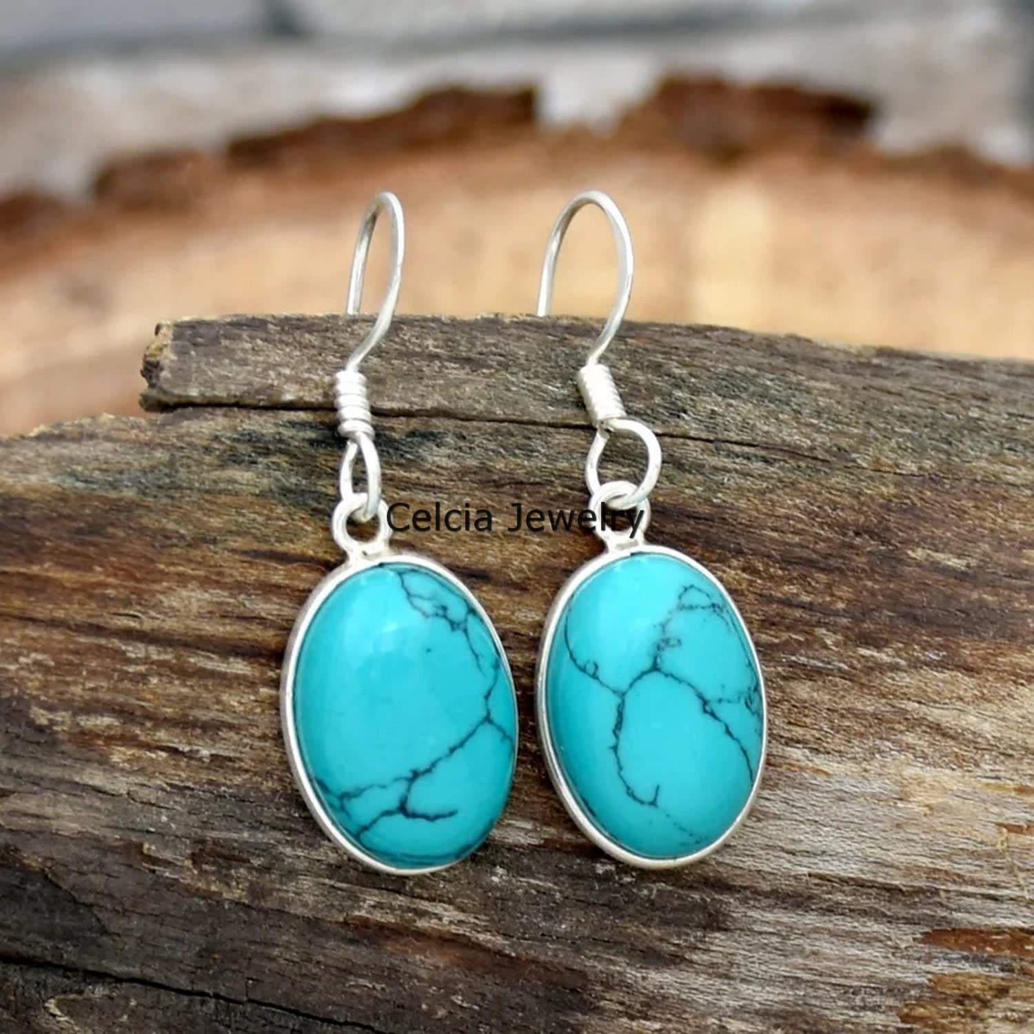 Pendientes colgantes de plata de ley 925 auténtica para mujer, cabujón de turquesa azul natural, piedras preciosas ovaladas, pendientes únicos de piedra natal de diciembre