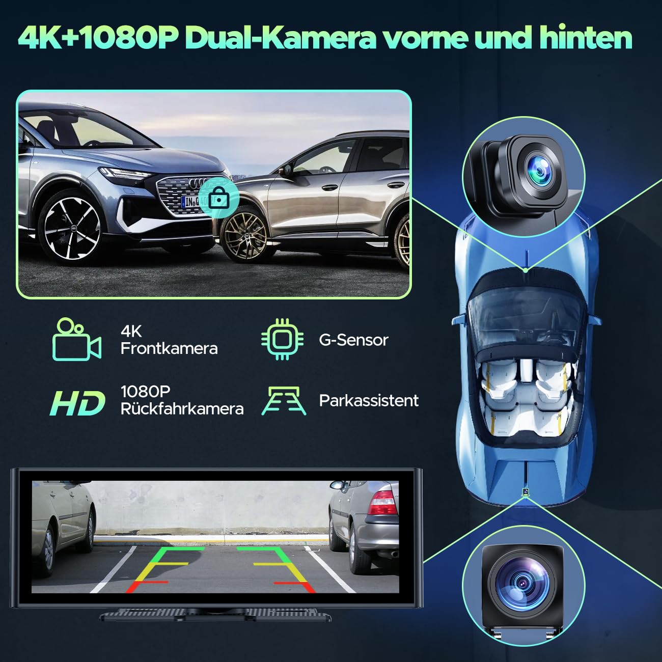 Autoradio Portatile con A-pple Carplay Android Auto con Dash Cam Anteriore Posteriore 4K+1080P, Wireless Autoradio 9,26 Pollici Touchscreen, Car Audio Radio con Mirror Link/Bluetooth 5.0/FM/AUX/64G TF