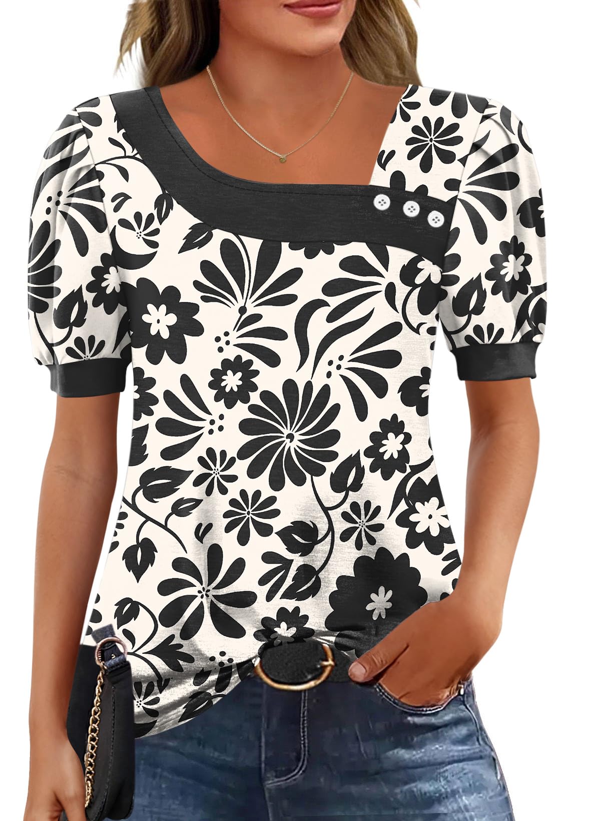 Rapbin Bluse Damen Kurzarm Oberteile Elegant Asymmetrischem Ausschnitt T-Shirt Sommer Button Blusenshirt Casual Top from S to XXL