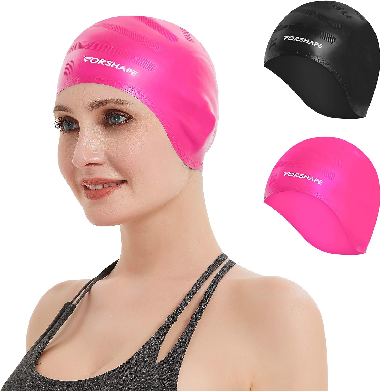 Vorshape Unisex Swim Caps Cover Ears (2 Pack), Flexible Silicone Swimmer Caps for Long Hair Swimming, 3D Ergonomic Fit for Man & Women, 5 Colors