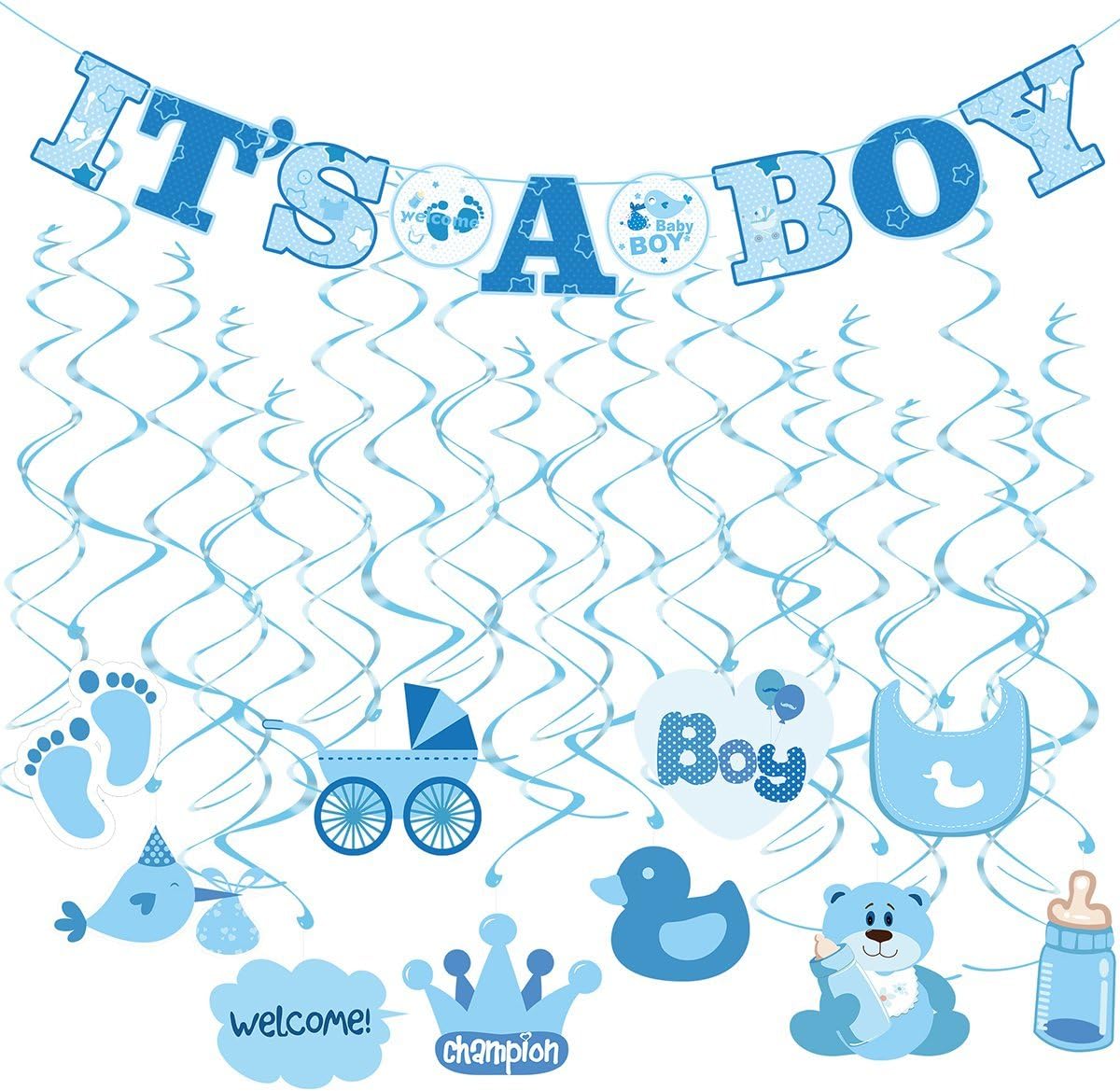 Tinksky 30pcs IT'S A BOY Banner Boy Baby Shower Dizzy Danglers Spiral Hanging Decoration for Parties (1Banner + 20Dizzy Danglers + 10Cards)