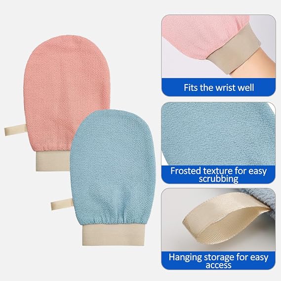 Exfoliating Gloves, 2 Pack Body Scrub Glove Bath SPA Exfoliating Mitts, Dual-Sided Deep Clean Exfoliation Scrubbing Mitt, Dead Skin Remover Glove Deep Body Scrubber(Pink+Blue)