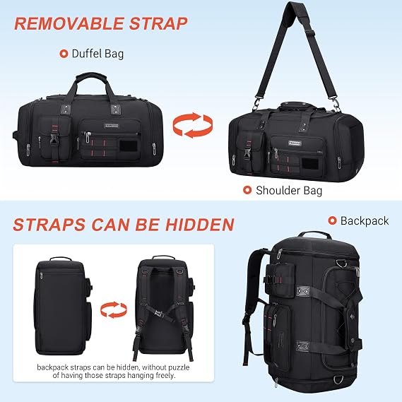 WITZMAN Duffle Bag for Men 3 in 1 Convertible 45L Nylon Gym Travel Backpack | Multi-pockets with Shoe Compartment and Dry-wet Pocket, One Duffel Bag for Sports, Weekender, Overnight, B693 Black