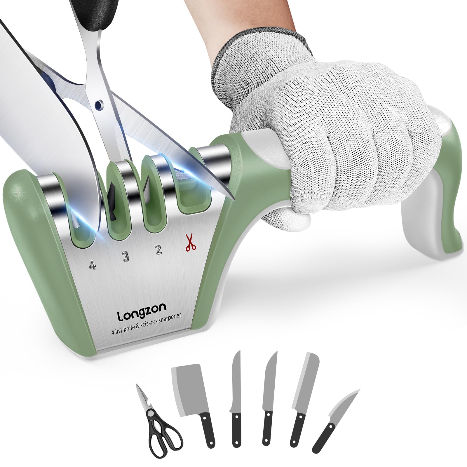 longzon 5-in-1 Knife Sharpener 4 Stage with Cut-Resistant Glove, Quickly Sharpens & Restores Dull Blades, Easy & Safe for Home Kitchen Use, Fits Most Knives and Scissors, Grey+Green