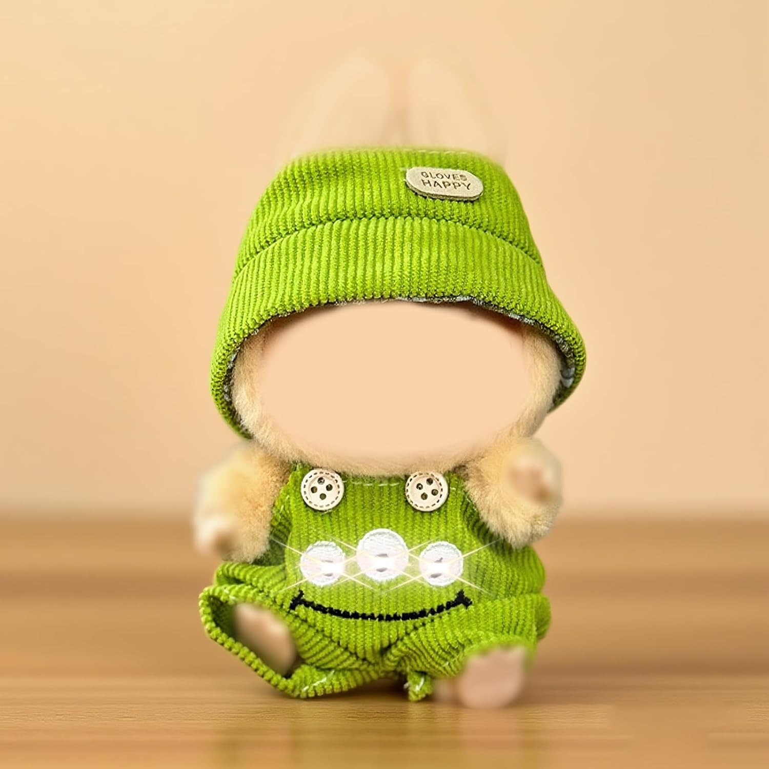 17cm Doll Clothes Set (3PC): Happy Fisher Hat, Green Smile Print Overalls w/ Cartoon Buttons, Green Shoes, No Doll Included (Style E)