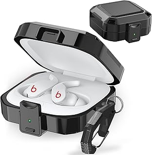 Secure Lock Case for Beats Fit Pro 2021, Carbon Fiber Texture Beats Fit Pro Earbuds Case Cover with Anti-Lost Keychain/Storage Box/Cleaning Brush/Wrist Strap. (Black)