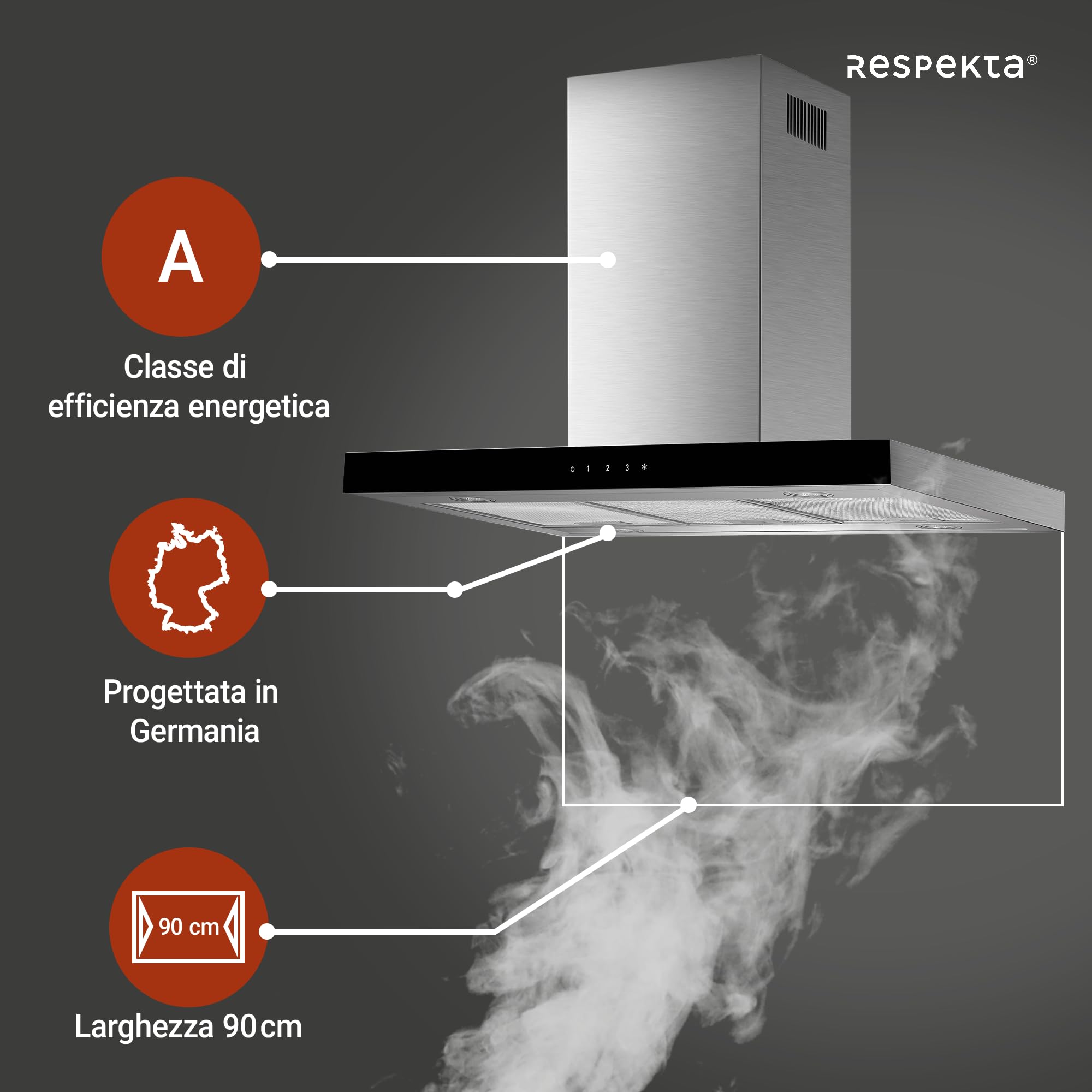 Respekta Cappa Aspirante, Cappa a Isola 90 cm, Struttura in acciaio inox con paralume in vetro Nero, Funzione di scarico e ricircolo d'aria, CH44099GISAM, A, 58–73 dB