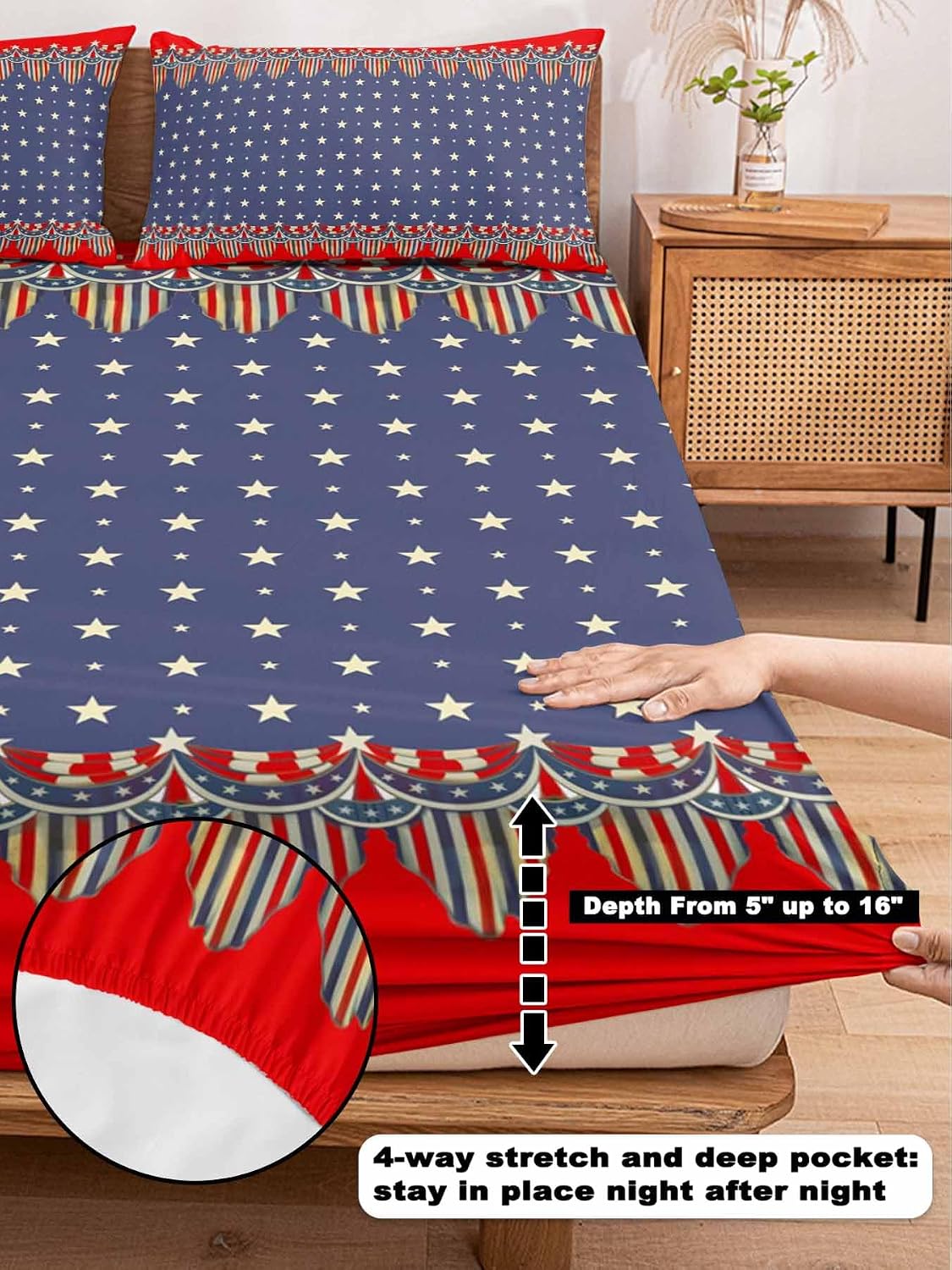 Independence Day King Fitted Sheet Set, 4th of July Star Blue Red Striped Soft Deep Pocket up to 16"-Easy Fit Bed Sheets with Elastic Strap, Breathable Micorfiber Bedding Set with Pillowcase