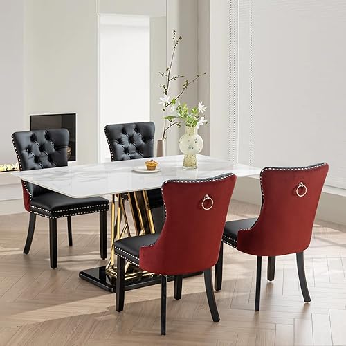 Miniatura 2 de SoarFlash Juego de 4 sillas de comedor de cuero, sillas laterales con respaldo alto, silla lateral tapizada moderna con anillo trasero de botón,