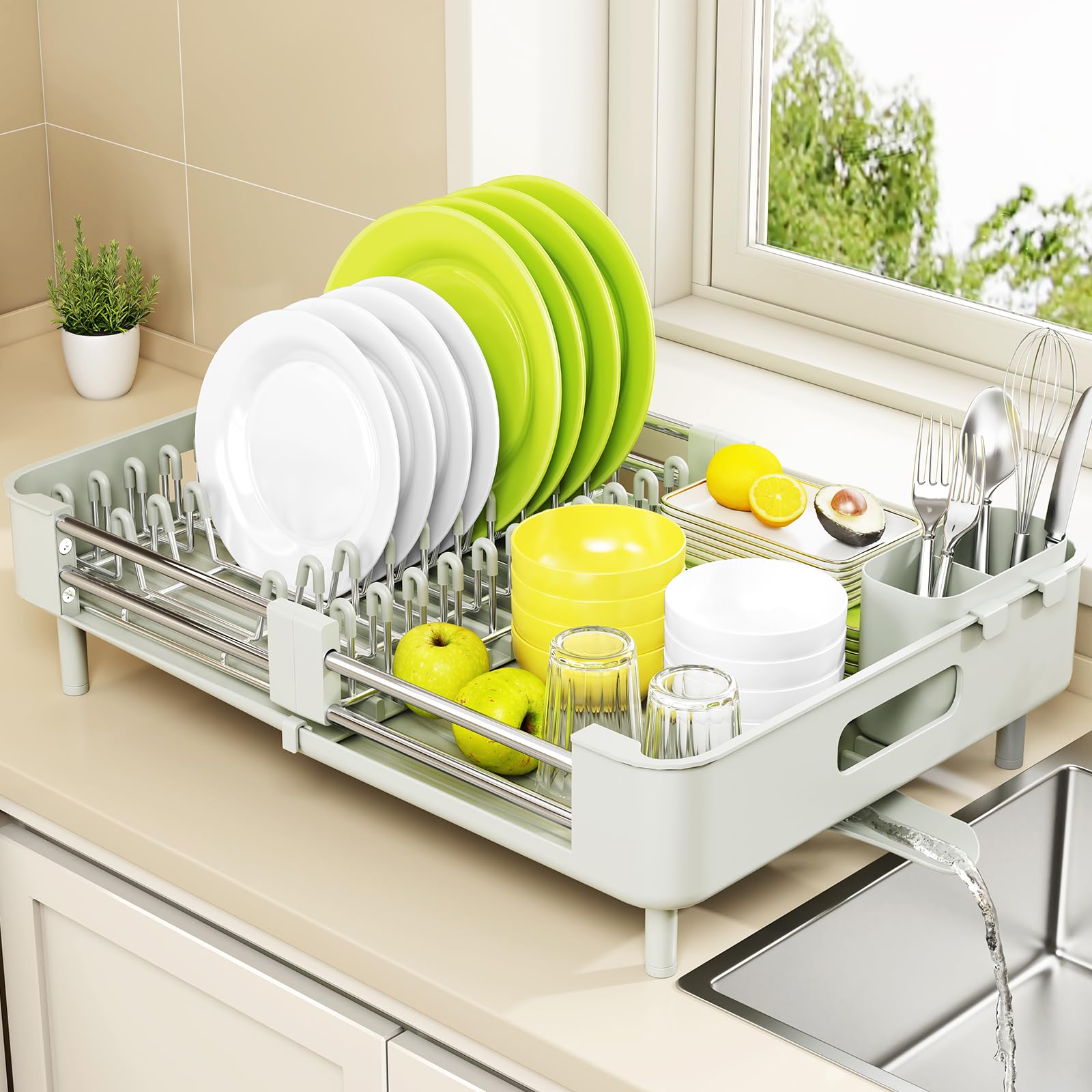 Photo 1 of Urackify Extendable Dish Drying Rack, Dual Part Dish Drainers with Non-Scratch and Movable Cutlery Drainer and Drainage Spout, Adjustable Dish Rack for Kitchen, Gray & White