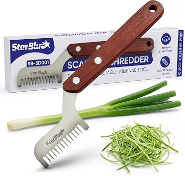 StarBlue Scallion Shredder with Wooden Handle, Stainless Steel Julienne Tool for Vegetables, Manual Pull-Cut Kitchen Tool for Garnishes and Small Prep Tasks