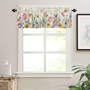 Spring Curtain Valances for Windows, Retro Wild Plants Flowers Rod Pocket Valance Window Treatments Botanical Short Curtains for Kitchen Bathroom Living Room 54 x 18 Inches, 1 Panel