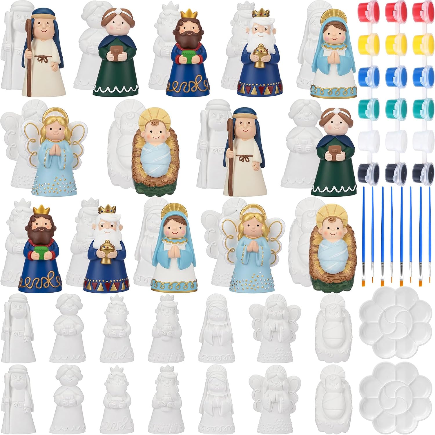 Zubebe 28 Pcs Ceramics to Paint Christmas Nativity Craft Kit Paintable Jesus Birth Figurines in 7 Styles with 4 Paint Set DIY Nativity Figurines Christ Birth of Jesus Scene Decor (Stylish)