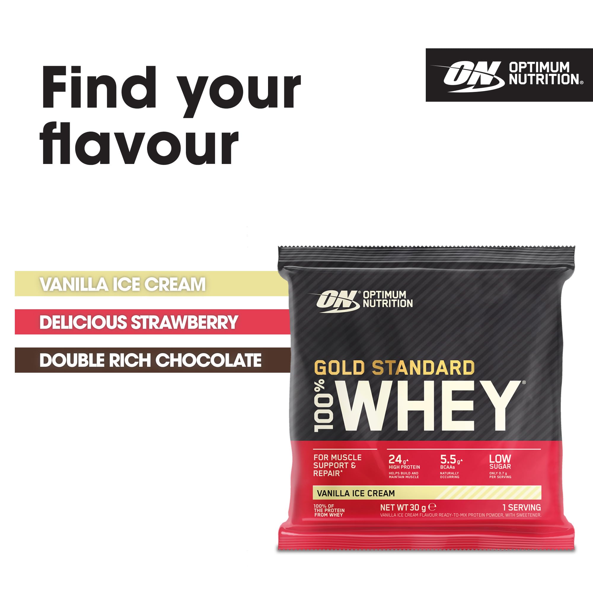 Optimum Nutrition Gold Standard, proteine in polvere al 100% per la costruzione e il recupero muscolare, con glutammina naturale e aminoacidi BCAA, aroma gelato alla vaniglia, confezione da 24, 24 x