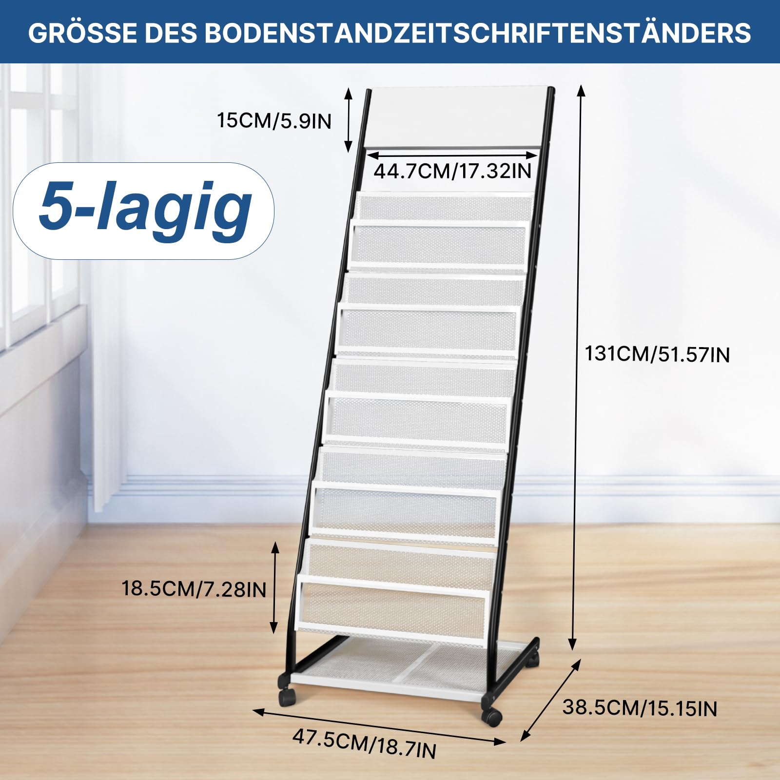SUNDOY Revistero con ruedas – Soporte de pie para folletos y catálogos – Soporte para revistas con ruedas para oficina, ferias y hogar (5 capas, 47,5 cm de ancho)
