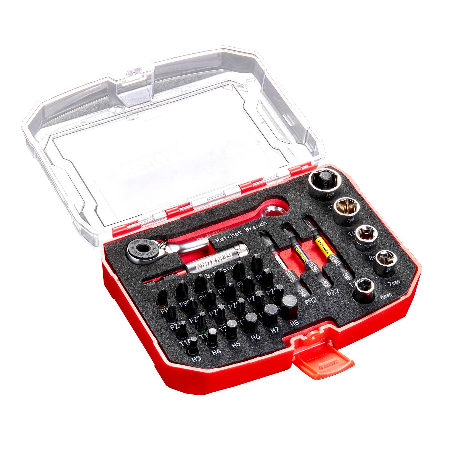 Geinxurn 35 Pieces Bit Set with Matching Storage Box, Include 25mm 50mm S2 Steel Magnetic Screwdriver Bits (Phillips/Pozidriv/Torx/Hex), Mini Ratchet Wrench, Socket, Bit Holder and Adapter