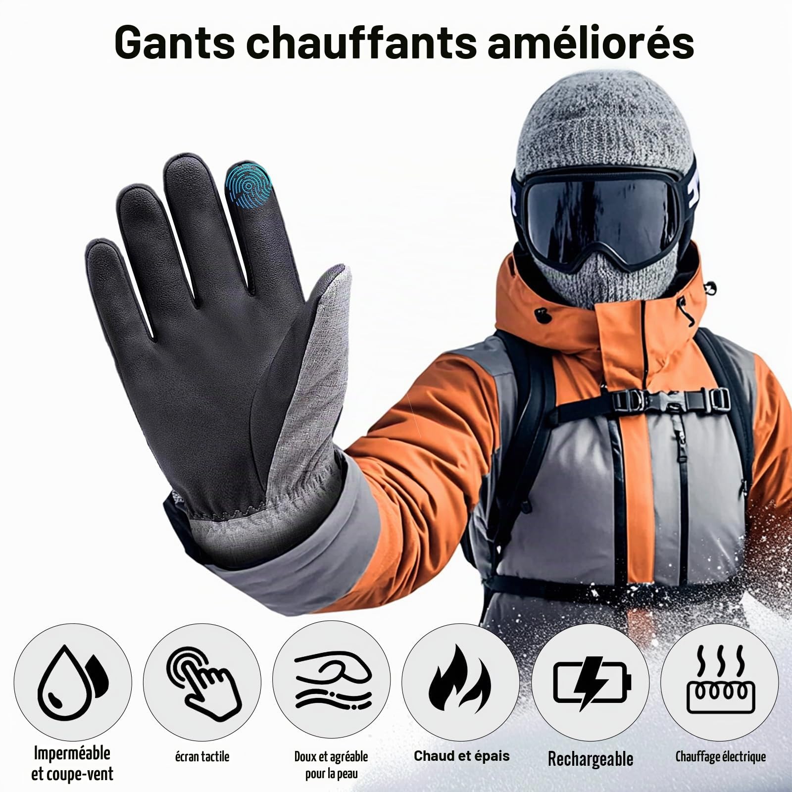 Todeco Gants Chauffants, Gants Hiver Homme, 3 Niveaux Chauffage