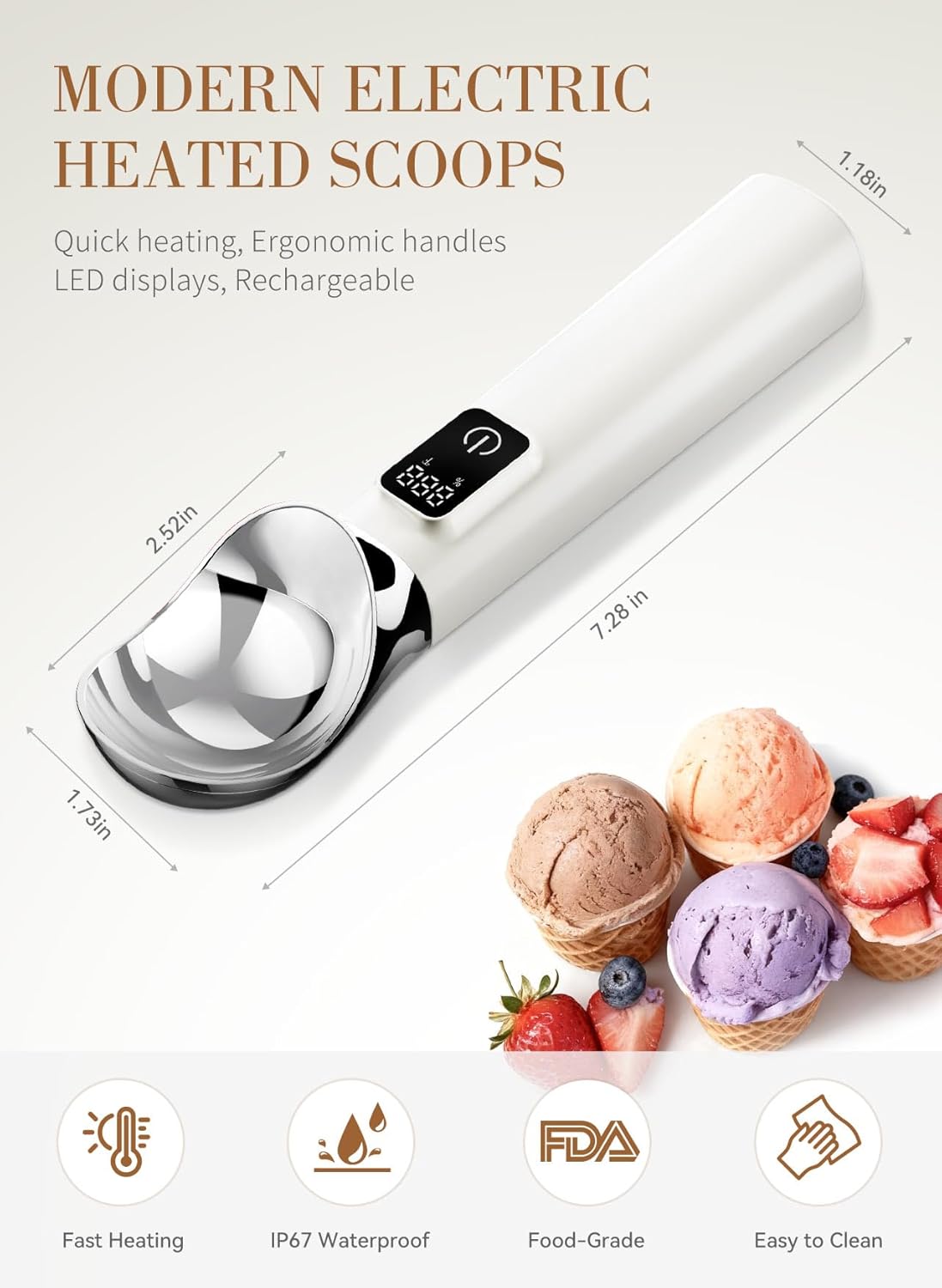 Heated Ice Cream Scoop Rechargeable, Electric Ice Cream Scoop for Hard Icecream and More with LED Display, Self-Warming Heats To 158℉, IP67 Waterproof Easy To Clean, Ideal Kitchen Gifts (White)