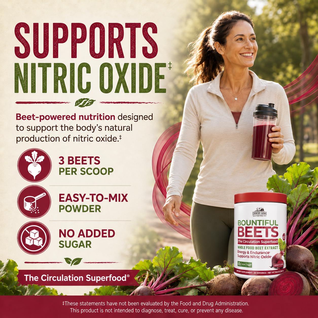Country Farms Bountiful Beets, Wholefood Beet Extract Superfood, Helps Support Healthy Circulation and Promote Energy, Nitric Oxide Boost, Cherry Flavor, 30 Servings — Amazon image 3